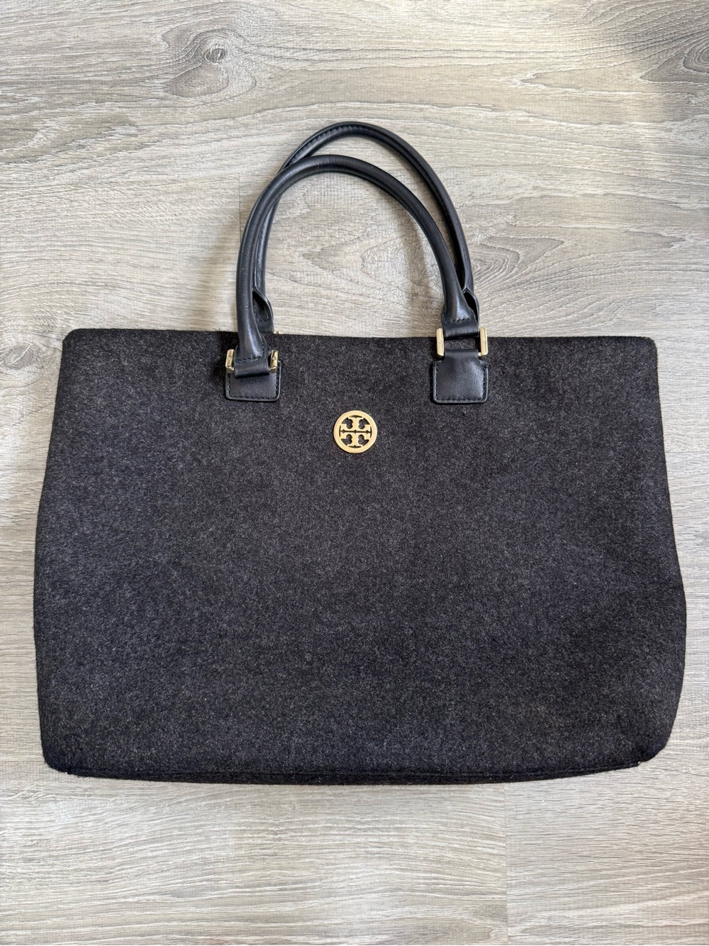 Tory Burch Black Wool Tote with Gold Logo